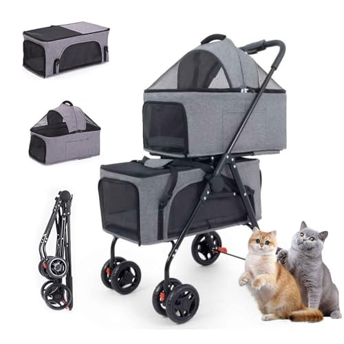 RUYICZB Doppelter Haustier-Buggy für 2 kleine Hunde oder Katzen, Leichter doppelter Hunde-Buggy mit Abnehmbarer Trage, Katzen-Buggy mit Netzfenstern für Reisen und Camping von RUYICZB