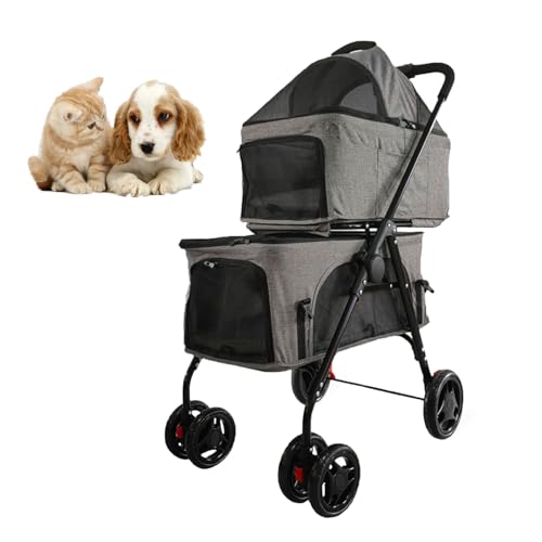 RUYICZB Doppelter Haustier-Buggy mit Abnehmbarer Trage, Leichter, Faltbarer Doppel-Hundebuggy, Katzenbuggy mit feststellbaren Rädern für unterwegs,Grau von RUYICZB