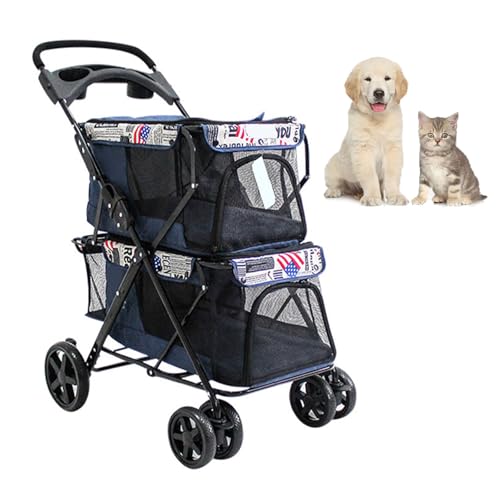 RUYICZB Doppelter Hundebuggy, Leichter Faltbarer doppelter Haustierbuggy mit Netzfenstern, zusammenklappbarer Hundebuggy mit Getränkehalter für kleine Hunde und Katzen,Blau RUYICZB Doppelter Hundebuggy, Leichter Faltbarer doppelter Haustierbuggy mit Netzfenstern, zusammenklappbarer Hundebuggy mit Getränkehalter für kleine Hunde und Katzen,Blau von RUYICZB