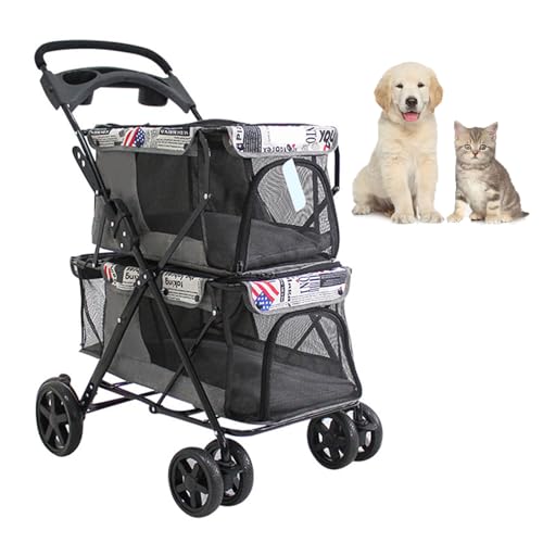 RUYICZB Doppelter Hundebuggy, Leichter Faltbarer doppelter Haustierbuggy mit Netzfenstern, zusammenklappbarer Hundebuggy mit Getränkehalter für kleine Hunde und Katzen,Grau von RUYICZB