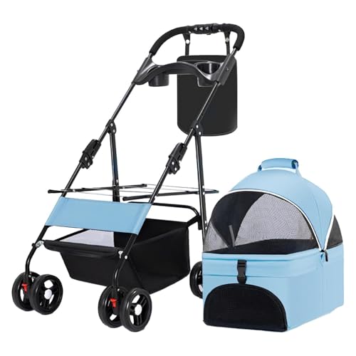 RUYICZB Faltbarer Kinderwagen für Haustiere, Kinderwagen für Hunde und Katzen mit Abnehmbarer, tragbarer Haustiertasche, Kinderwagen für kleine Hunde mit Aufbewahrungskorb,Light Blue von RUYICZB