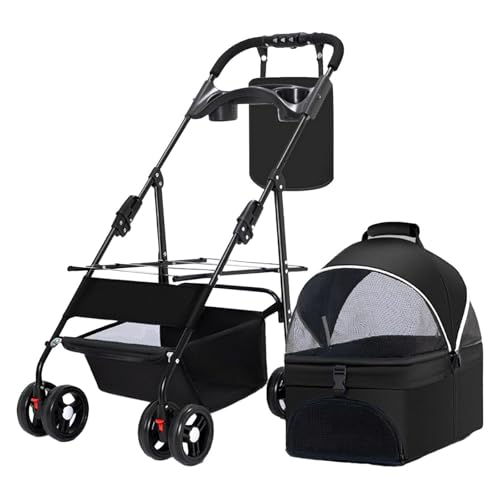 RUYICZB Faltbarer Kinderwagen für Haustiere, Kinderwagen für Hunde und Katzen mit Abnehmbarer, tragbarer Haustiertasche, Kinderwagen für kleine Hunde mit Aufbewahrungskorb,Schwarz von RUYICZB