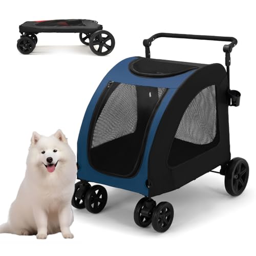 RUYICZB Großer Hundebuggy, Faltbarer Haustierbuggy mit 4 Rädern, mit Mesh-Belüftungsfenstern und verstellbarem Griff, Haustierbuggy mit doppeltem Eingang,Blau RUYICZB Großer Hundebuggy, Faltbarer Haustierbuggy mit 4 Rädern, mit Mesh-Belüftungsfenstern und verstellbarem Griff, Haustierbuggy mit doppeltem Eingang,Blau von RUYICZB