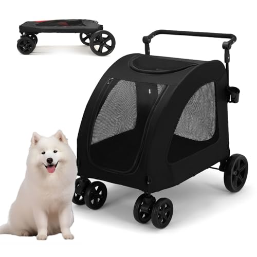 RUYICZB Großer Hundebuggy, Faltbarer Haustierbuggy mit 4 Rädern, mit Mesh-Belüftungsfenstern und verstellbarem Griff, Haustierbuggy mit doppeltem Eingang,Schwarz von RUYICZB