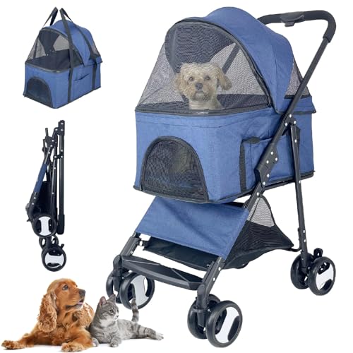 RUYICZB Haustier Hundebuggy, Hundebox Transporttasche Klappbar Hundewagen Mit Aufbewahrungskorb 360° Vorderrad Hinterrad Mit Bremse Für Kleine Mittlere Hunde & Katzen Bis 20Kg,Blau RUYICZB Haustier Hundebuggy, Hundebox Transporttasche Klappbar Hundewagen Mit Aufbewahrungskorb 360° Vorderrad Hinterrad Mit Bremse Für Kleine Mittlere Hunde & Katzen Bis 20Kg,Blau von RUYICZB