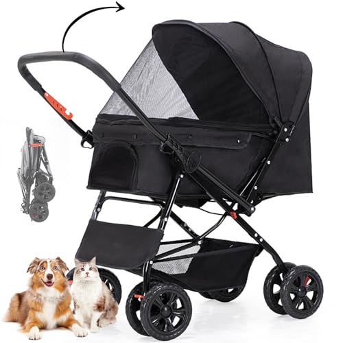 RUYICZB Haustier-Kinderwagen, Hundewagen Für Kleine Mittelgroße Hunde Katzen Bis 20Kg,Hundebuggy Mit Wendbarem Griff,Aufbewahrungskorb,360° Vorderrad,Hinterrad Mit Bremse,Einfach Faltbar,Schwarz von RUYICZB