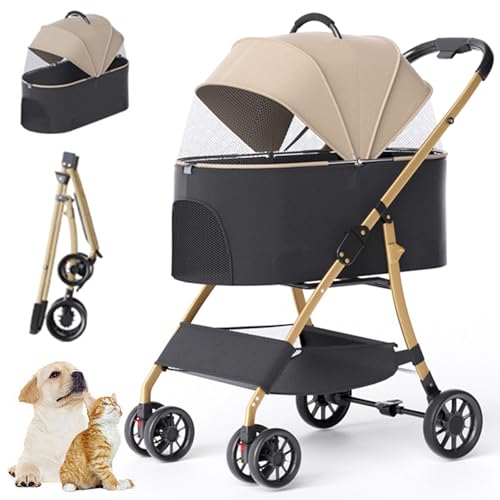 Haustier Kinderwagen Für Kleine Hunde Katzen, 3-In-1 Falten Hund Kinderwagen Mit Abnehmbarem Träger, Aufbewahrungskorb, 4 Räder Leichte Reise Kinderwagen Wagon Für Kleine Mittlere Tiere,Khaki von RUYICZB