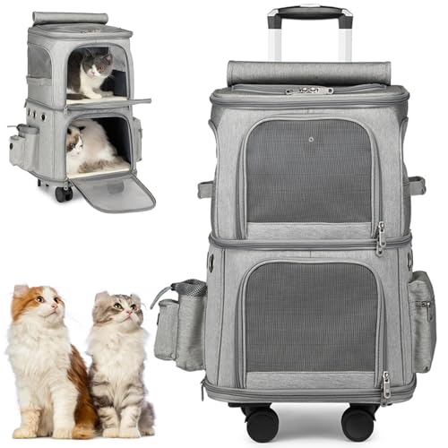 RUYICZB Haustier-Rucksack Für 2 Hunde/Katzen,Katzenrucksack/Hundereisetasche Mit Rädern,Haustier-Reisetasche, Tragbare Katzentragetasche Für Reisen, Rucksäcke Trolley,Grau von RUYICZB