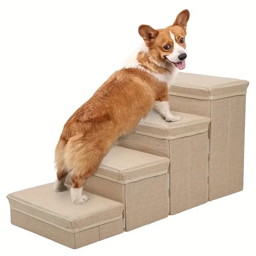 RUYICZB Haustiertreppe Für Hunde Und Katzen, 4 Stufen Hundetreppe Mit Stauraum rutschfeste Für Kleine Haustiertreppe Zum Bettaufstieg Hunde Faltbar Für Hunde Und Katzen Für Das Sofa,Beige von RUYICZB