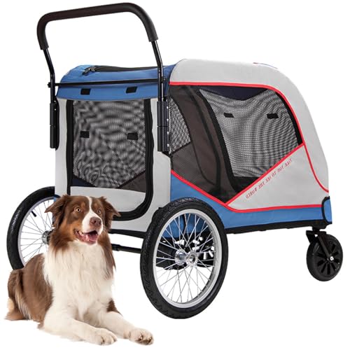 RUYICZB Hund Trolley Haustier Katzenwagen Extra Großer Hundebuggy Für Mittelgroße Und Große Hunde Bis 80Kg, Atmungsaktives Netz, Faltbar, 4 Gummi-Räder, 115 X 62 X 101Cm,Blau von RUYICZB