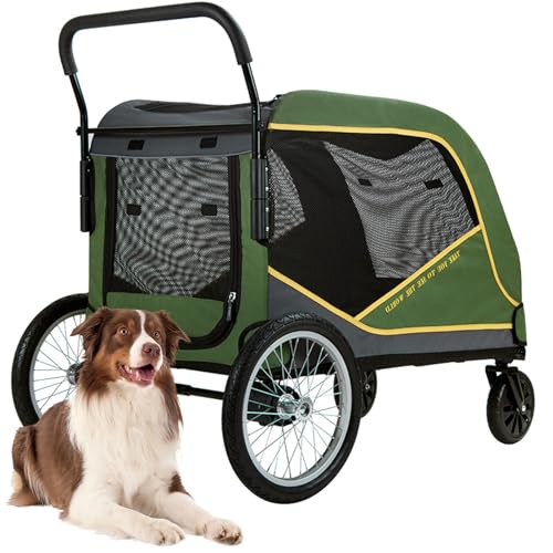 RUYICZB Hund Trolley Haustier Katzenwagen Extra Großer Hundebuggy Für Mittelgroße Und Große Hunde Bis 80Kg, Atmungsaktives Netz, Faltbar, 4 Gummi-Räder, 115 X 62 X 101Cm,Grün von RUYICZB