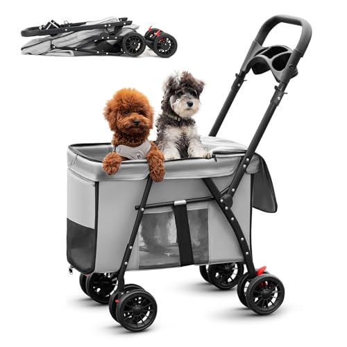 RUYICZB Hunde-/Katzenkäfig-Jogging-Kinderwagen, EIN-klick-Klappdesign, 4-Rad-Haustier-Kinderwagen mit atmungsaktivem Netz und Oberlicht,Grau von RUYICZB