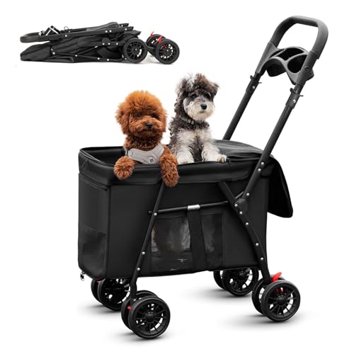 RUYICZB Hunde-/Katzenkäfig-Jogging-Kinderwagen, EIN-klick-Klappdesign, 4-Rad-Haustier-Kinderwagen mit atmungsaktivem Netz und Oberlicht,Schwarz von RUYICZB
