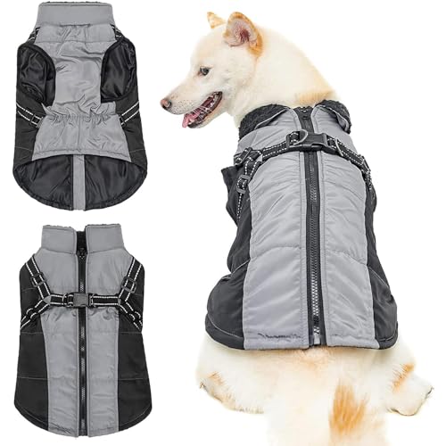 RUYICZB Hunde Wintermantel Winterjacke, Hundejacke Mit Geschirr Reißverschluss Reflektierender Haustier Weste Winddichter Wasserdichter Warmer Hundemantel Für Mittlere Große Hunde,Schwarz,M von RUYICZB