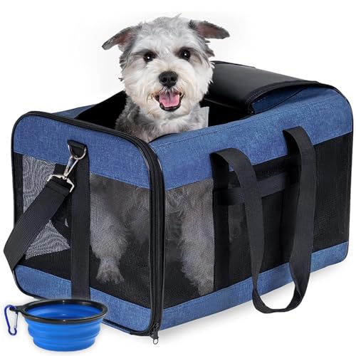 RUYICZB Hundebox Faltbar Kleine Hunde Transportbox Katzenbox Hundetragetasche Transporttasche Katzentasche Für Hund, Katzen, Airline Zugelassen, Reisefreundliche Transporttasche,Blau,L von RUYICZB