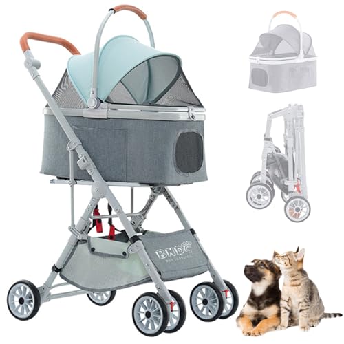 RUYICZB Hundebuggy, Haustier Kinderwagen, Faltbar Reise Haustier Kinderwagen, Verstärktem Aluminiumrahmen Abnehmbar Transportwanne 3 in 1 Hundewagen Für Katzen Und Hunde,Green Gray von RUYICZB