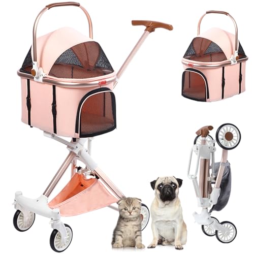 RUYICZB Hundebuggy, Klappbarer Hundewagen, Kinderwagen Hunde Faltbar Haustier Kleine Hunde Katzen Buggy Mit Aufbewahrungskorb Leicht Zu Gehender Abnehmbare Tragbare Hundetrolley,Rosa von RUYICZB