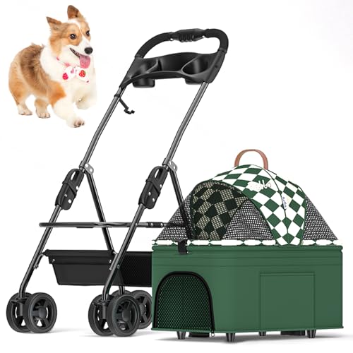 RUYICZB Hundebuggy 3 in 1 Hundewagen 12Kg Faltbar Hundetrolley Hundebox Tierbuggy Katzenbuggy Haustier Transport Mit Aufbewahrungskorb Und Getränkehalter, Abnehmbare Transporttasche,Plaid von RUYICZB