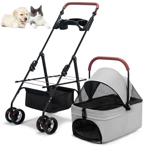 RUYICZB Hundebuggy Bis 15 Kg Klappbar, Hundewagen 2In1 Hunde Kinderwagen Hundebox Transporttasche Faltbar Haustiere Buggy Mit Netzfenstern Jogger Katzenbuggy Für Kleine Hunde Katzen,Grau von RUYICZB