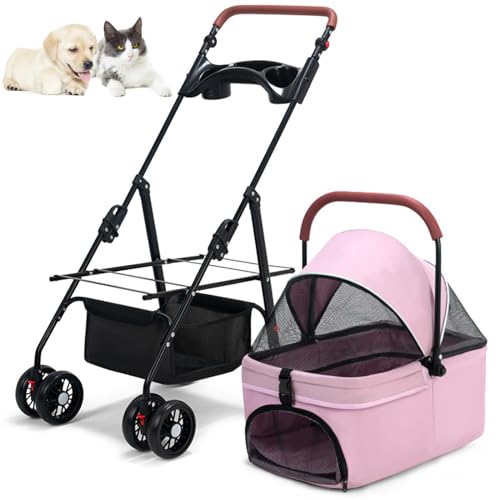 RUYICZB Hundebuggy Bis 15 Kg Klappbar, Hundewagen 2In1 Hunde Kinderwagen Hundebox Transporttasche Faltbar Haustiere Buggy Mit Netzfenstern Jogger Katzenbuggy Für Kleine Hunde Katzen,Rosa von RUYICZB