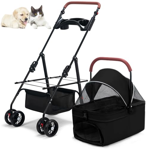 RUYICZB Hundebuggy Bis 15 Kg Klappbar, Hundewagen 2In1 Hunde Kinderwagen Hundebox Transporttasche Faltbar Haustiere Buggy Mit Netzfenstern Jogger Katzenbuggy Für Kleine Hunde Katzen,Schwarz von RUYICZB