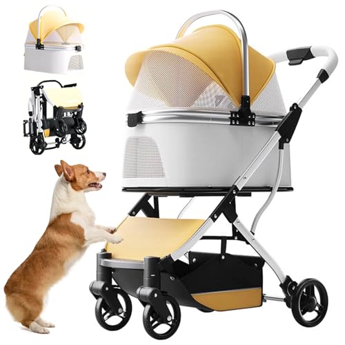 RUYICZB Hundebuggy Faltbar, 3 in 1 Hundewagen Mit Abnehmbarer Reisesitz Aufbewahrungskorb Haustier Kinderwagen Hundebox Klappbar, Haustiere Buggy Für Kleine Hunde Und Katzen Unter 15 Kg,Gelb RUYICZB Hundebuggy Faltbar, 3 in 1 Hundewagen Mit Abnehmbarer Reisesitz Aufbewahrungskorb Haustier Kinderwagen Hundebox Klappbar, Haustiere Buggy Für Kleine Hunde Und Katzen Unter 15 Kg,Gelb von RUYICZB