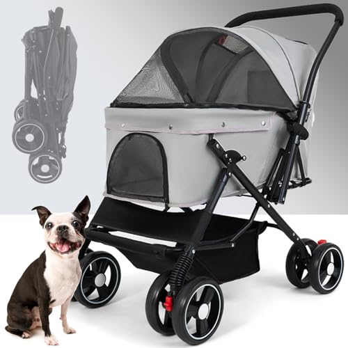 RUYICZB Hundebuggy Faltbar, Hundebox Transporttasche Klappbar Bis 25Kg, Hunde Haustier Buggy Pet Stroller Roadster Für Kleine Hunde Katzen Mit Aufbewahrungskorb, Sonnenschutz, Netzfenster,Grau von RUYICZB