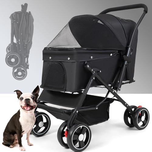 RUYICZB Hundebuggy Faltbar, Hundebox Transporttasche Klappbar Bis 25Kg, Hunde Haustier Buggy Pet Stroller Roadster Für Kleine Hunde Katzen Mit Aufbewahrungskorb, Sonnenschutz, Netzfenster,Schwarz von RUYICZB