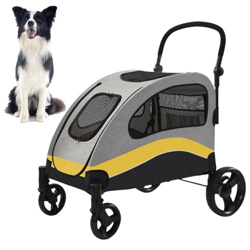 RUYICZB Hundebuggy für große Hunde, Haustierbuggy mit verstellbaren Griffen und doppeltem Einstieg, mit einem klick zusammenklappbarer Hundebuggy,Gelb von RUYICZB
