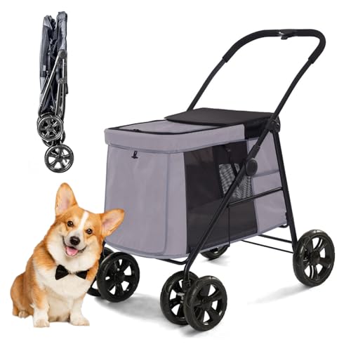 RUYICZB Hundekäfig-Jogger-Kinderwagen, EIN-klick-Klappdesign für Haustiere mit 4 Rädern und atmungsaktivem Netzgewebe, Hundebuggy,Grau von RUYICZB