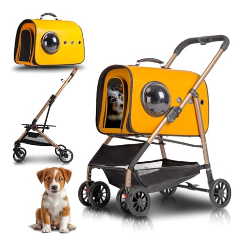 RUYICZB Hundekäfig-Jogger-Kinderwagen für kleine/mittelgroße Hunde, Faltbarer Haustier-Kinderwagen mit Abnehmbarer Trage und Aufbewahrungskorb,Gelb RUYICZB Hundekäfig-Jogger-Kinderwagen für kleine/mittelgroße Hunde, Faltbarer Haustier-Kinderwagen mit Abnehmbarer Trage und Aufbewahrungskorb,Gelb von RUYICZB