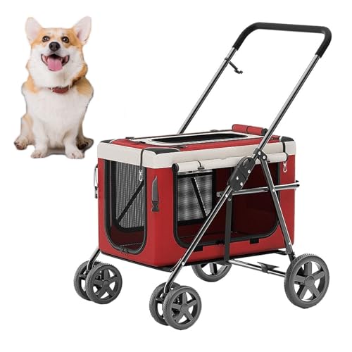 RUYICZB Hundekäfig-Jogging-Kinderwagen, Haustier-Kinderwagen mit Abnehmbarer Trage und Netzfenstern, zusammenklappbarer Hunde-Kinderwagen mit Hinterradbremsen,Rot von RUYICZB