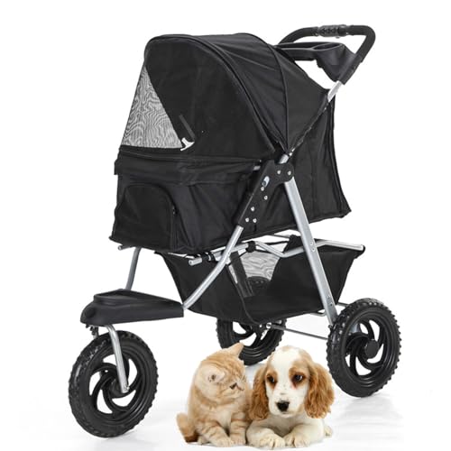 RUYICZB Hundekinderwagen mit 3 großen Rädern, Faltbarer Reisekinderwagen für Hunde mit Aufbewahrungskorb, Reisekinderwagen für Welpen mit Netzdach und Getränkehaltern,Schwarz von RUYICZB