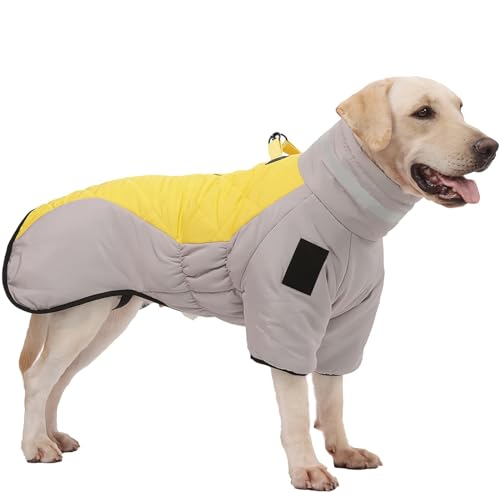 RUYICZB Hundemantel Für Kaltes Wetter, Wasserdichter Hundepullover Reflektierender Hundejacken, Winterweste Für Mittelgroße Hunde Mit Geschirr & D-Ringen Hundekleidung,Gelb,6XL von RUYICZB