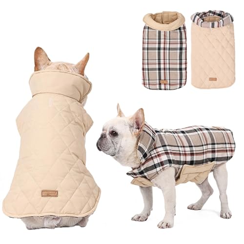 RUYICZB Hundemantel Winter, Wasserdichte Warme Jacke Für Kleine Mittlere Große Hunde, Outdoor Mit Geschirr Loch Karierte Wendejacke, Beige, L von RUYICZB