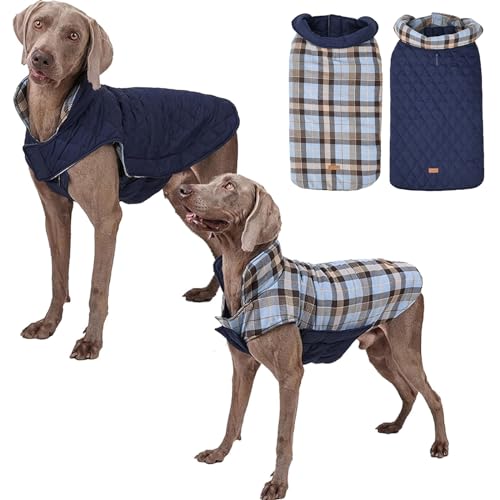 RUYICZB Hundemantel Winter, Hundejacke Für Kleine Mittlere Große Hunde, Hundemantel Wasserdicht Und Warm, Outdoor Hundemantel Mit Geschirr Loch Karierte Wendejacke,Blau,3XL von RUYICZB