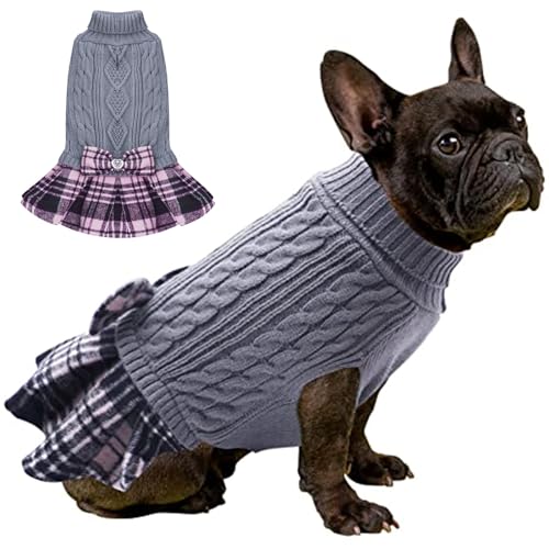 RUYICZB Hundepullover für kleine Hunde mit Bowtie Rollkragen gestrickte Hundekleid Haustier Hund Winterkleidung Warmer Pullover für Chihuahua, Bulldog, Dackel, Mops, Yorkie,Grau,XXL von RUYICZB