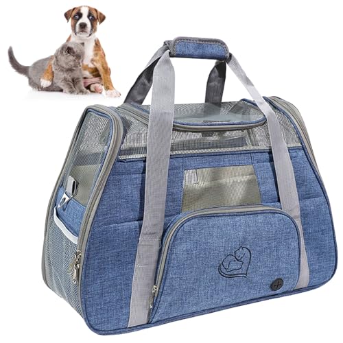 RUYICZB Hundetransportbox, Atmungsaktive Katzen Tragetasche Katze Transportbox Tragetaschen Mit Weicher Matratze, Haustiertragetasche Mit Schultergurt, Airline Zugelassen,Blau von RUYICZB