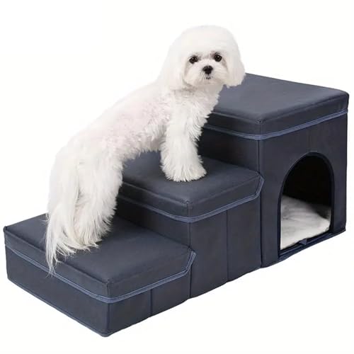 RUYICZB Hundetreppe Für Hochbett Und Couch, 3 Stufen Faltbare Haustiertreppe Für Katzen & Kleine Und Mittlere Hunde, Verstellbare Hundetreppe Mit Aufbewahrungsboxen/Zwinger,Blau,Plush von RUYICZB