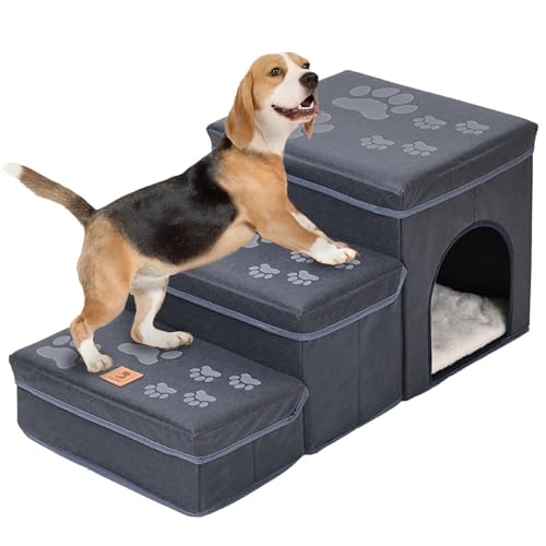 RUYICZB Hundetreppen, Faltbare 3-Schritte Haustier Treppen Mit Aufbewahrungsbox, rutschfeste Hund Katze Leiter Mit Kennel Für Sofa Couch Bett Auto Für Kleine Hunde,Blue b von RUYICZB