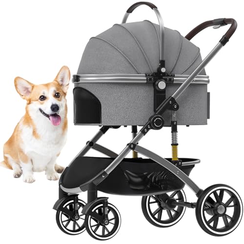 RUYICZB Hundewagen 2In1 Hundebuggy Hundebox Transporttasche Faltbar Klappbar Bis 20 Kg Haustiere Buggy Kinderwagen Mit Aufbewahrungskorb Jogger Katzenbuggy Für Kleine Hunde Katzen,Grau von RUYICZB