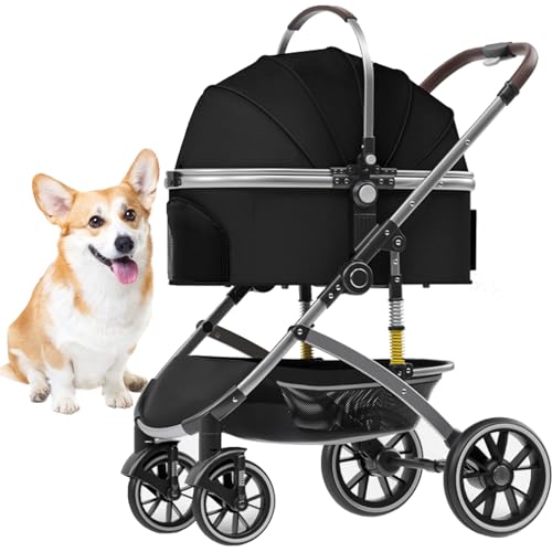 RUYICZB Hundewagen 2In1 Hundebuggy Hundebox Transporttasche Faltbar Klappbar Bis 20 Kg Haustiere Buggy Kinderwagen Mit Aufbewahrungskorb Jogger Katzenbuggy Für Kleine Hunde Katzen,Schwarz von RUYICZB