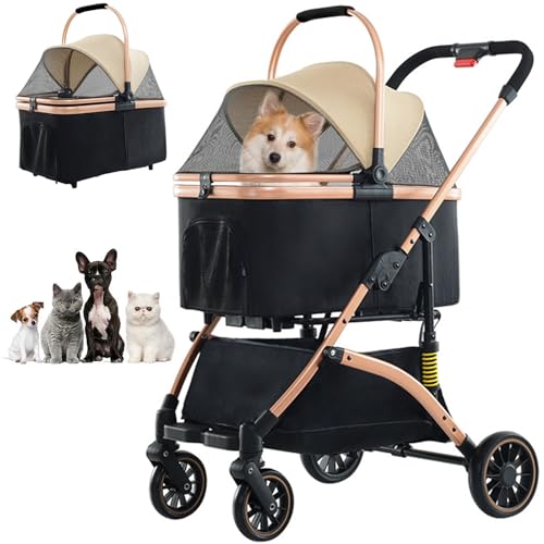 RUYICZB Hundewagen 3 in 1 Hundebuggy Bis 15Kg, Klappbar Faltbar Hund Kinderwagen, Tragbarer Kinderwagen Für Kleine Hunde Katzen Mit Aufbewahrungskorb, Hunde Buggy, Jogger Katzenwagen von RUYICZB