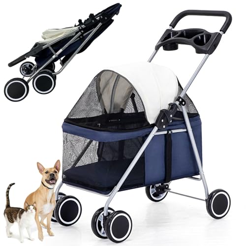 RUYICZB Hundewagen Faltbarer Hundebuggy Hundebox Transporttasche Bis 15 Kg Haustier Buggy Mit Netzfenstern & Getränkehalter Haustier Transportwagen Hunde Jogger Buggy Katzen Wagen,Blau von RUYICZB