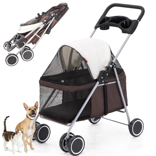 RUYICZB Hundewagen Faltbarer Hundebuggy Hundebox Transporttasche Bis 15 Kg Haustier Buggy Mit Netzfenstern & Getränkehalter Haustier Transportwagen Hunde Jogger Buggy Katzen Wagen,Braun von RUYICZB