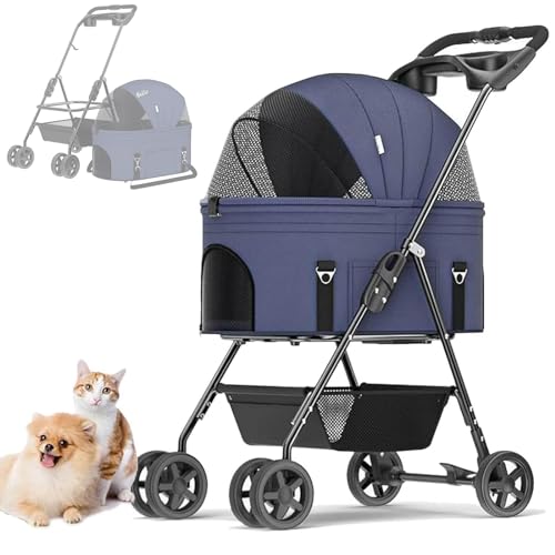 RUYICZB Hundewagen Haustiere Buggy Bis 17Kg, Hundebuggy Mit Aufbewahrungskorb, Faltbarer Hundetrolley, 360° Vorderrad, Hinterrad Mit Bremse, Abnehmbarem Katzenbuggy Für Kleine Hunde Katzen,Blau RUYICZB Hundewagen Haustiere Buggy Bis 17Kg, Hundebuggy Mit Aufbewahrungskorb, Faltbarer Hundetrolley, 360° Vorderrad, Hinterrad Mit Bremse, Abnehmbarem Katzenbuggy Für Kleine Hunde Katzen,Blau von RUYICZB