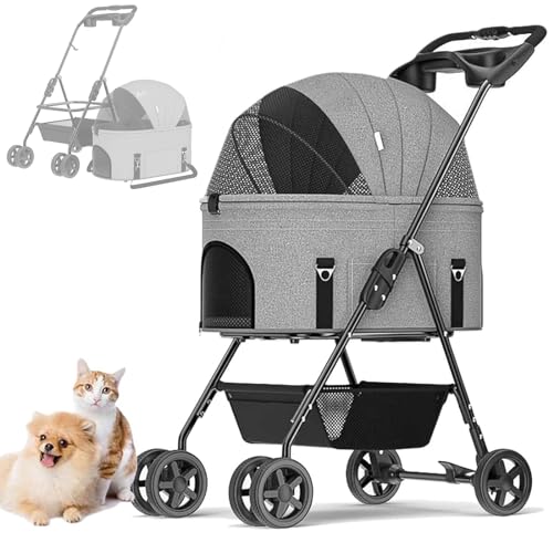 RUYICZB Hundewagen Haustiere Buggy Bis 17Kg, Hundebuggy Mit Aufbewahrungskorb, Faltbarer Hundetrolley, 360° Vorderrad, Hinterrad Mit Bremse, Abnehmbarem Katzenbuggy Für Kleine Hunde Katzen,Grau RUYICZB Hundewagen Haustiere Buggy Bis 17Kg, Hundebuggy Mit Aufbewahrungskorb, Faltbarer Hundetrolley, 360° Vorderrad, Hinterrad Mit Bremse, Abnehmbarem Katzenbuggy Für Kleine Hunde Katzen,Grau von RUYICZB