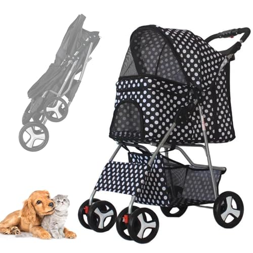 RUYICZB Hundewagen Hundebuggy Mit Klappfunktion Pet Stroller Für Kleine Hunde Und Katzen Faltbarer Hundewagen Mit Aufbewahrungskorb Kinderwagen Hunde Oxford Haustiere Reisekinderwagen,Black dot von RUYICZB