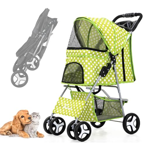 RUYICZB Hundewagen Hundebuggy Mit Klappfunktion Pet Stroller Für Kleine Hunde Und Katzen Faltbarer Hundewagen Mit Aufbewahrungskorb Kinderwagen Hunde Oxford Haustiere Reisekinderwagen,Green dot von RUYICZB