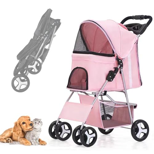 RUYICZB Hundewagen Hundebuggy Mit Klappfunktion Pet Stroller Für Kleine Hunde Und Katzen Faltbarer Hundewagen Mit Aufbewahrungskorb Kinderwagen Hunde Oxford Haustiere Reisekinderwagen,Light pink von RUYICZB